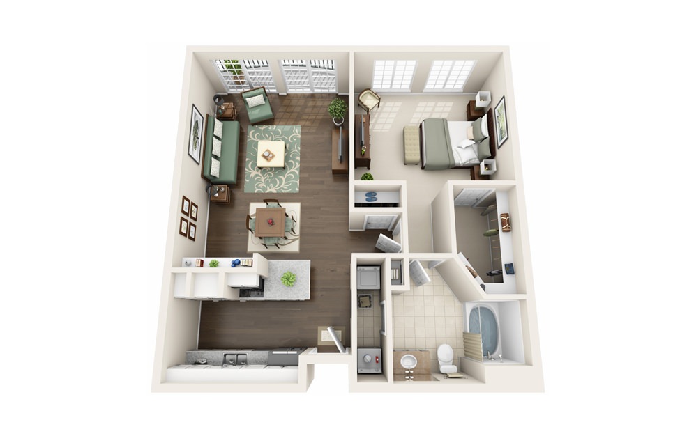 A1 - 1 bedroom floorplan layout with 1 bath and 843 square feet.