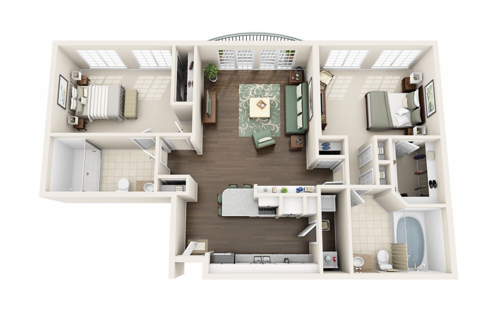 B1 - 2 bedroom floorplan layout with 2 baths and 1131 square feet.