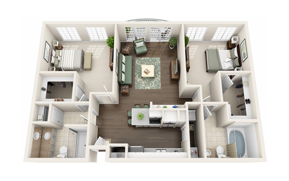 B2 - 2 bedroom floorplan layout with 2 baths and 1225 square feet.