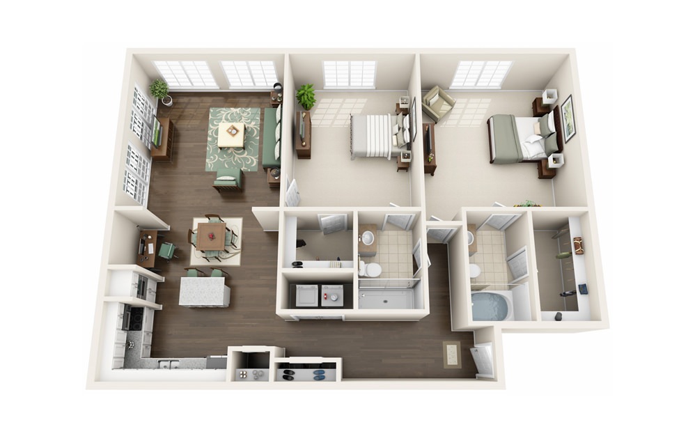 B5 - 2 bedroom floorplan layout with 2 baths and 1418 square feet.