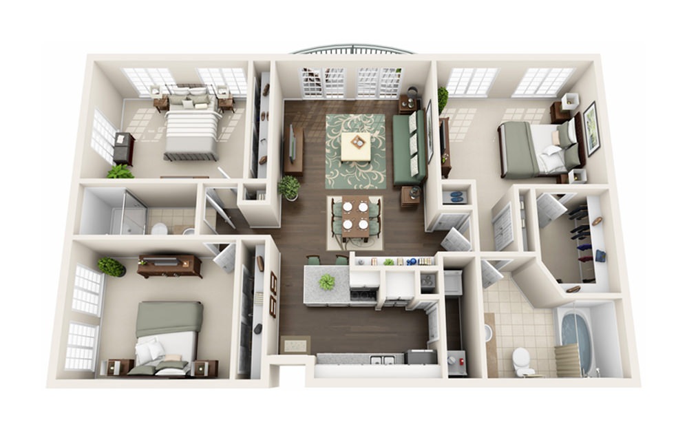 C1 - 3 bedroom floorplan layout with 2 baths and 1325 square feet.