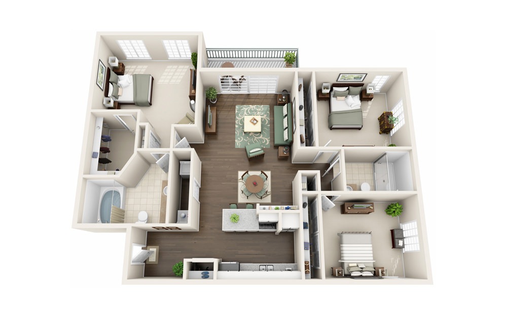 C2 - 3 bedroom floorplan layout with 2 baths and 1396 square feet.