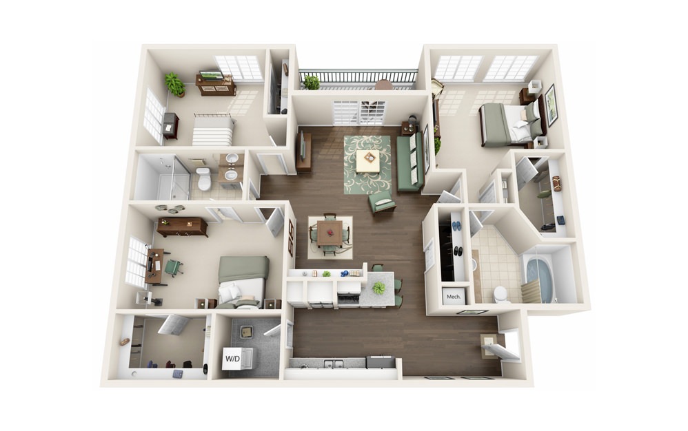 C3 - 3 bedroom floorplan layout with 2 baths and 1511 square feet.